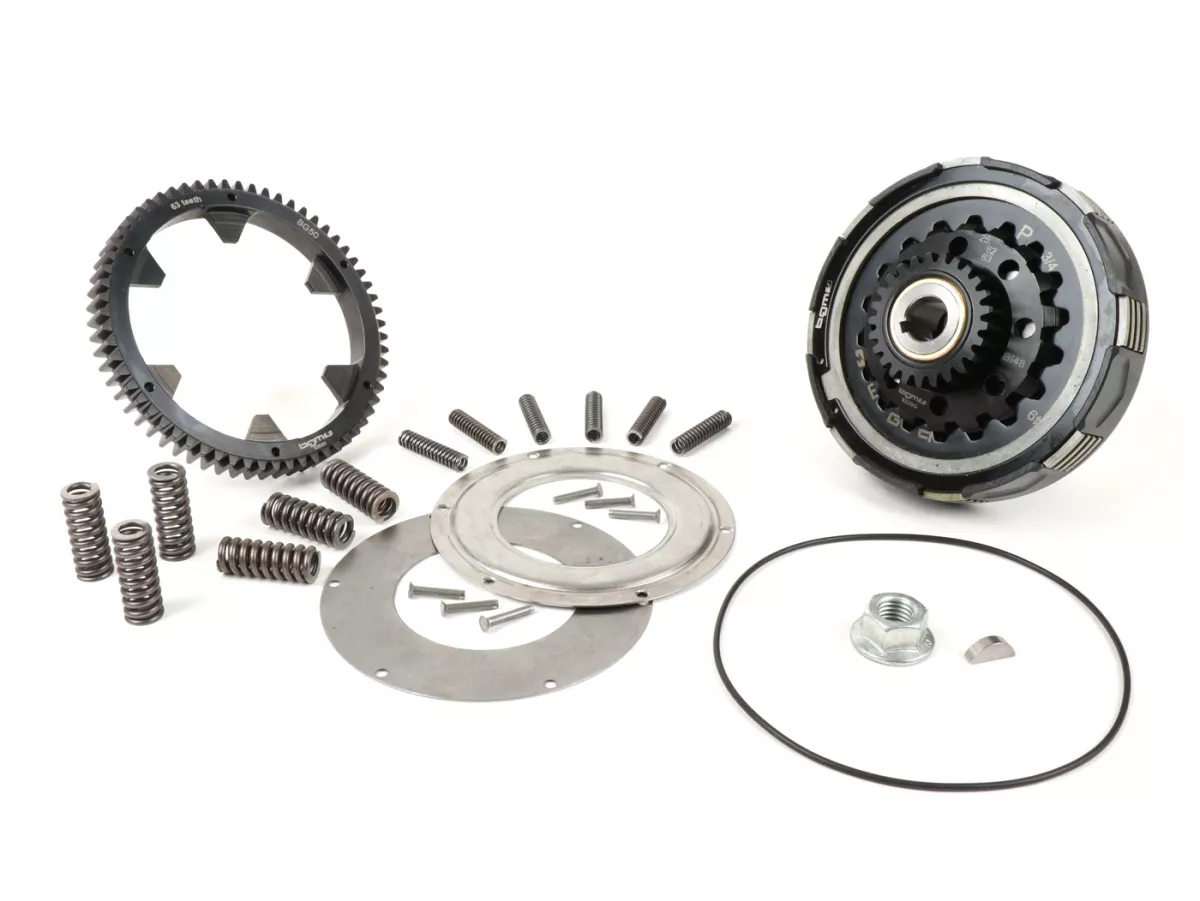 Koppeling incl. primair tandwiel -BGM Pro Superstrong 2.0 CR80 Ultralube SPORT Alu, type Cosa2/FL- Primair tandwiel BGM Pro 63Z (recht afgesneden)- Vespa PX80, PX125, PX150, PX200, Cosa, T5, Sprint150 Veloce, Rally, GTR, TS125, Super150 (VBC) - Z25/63 (2.