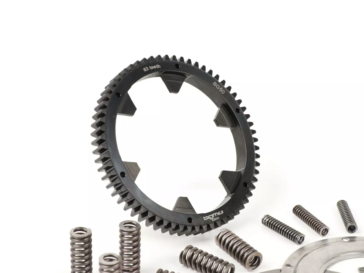 Koppeling incl. primair tandwiel -BGM Pro Superstrong 2.0 CR80 Ultralube SPORT Alu, type Cosa2/FL- Primair tandwiel BGM Pro 63Z (recht afgesneden)- Vespa PX80, PX125, PX150, PX200, Cosa, T5, Sprint150 Veloce, Rally, GTR, TS125, Super150 (VBC) - Z25/63 (2.