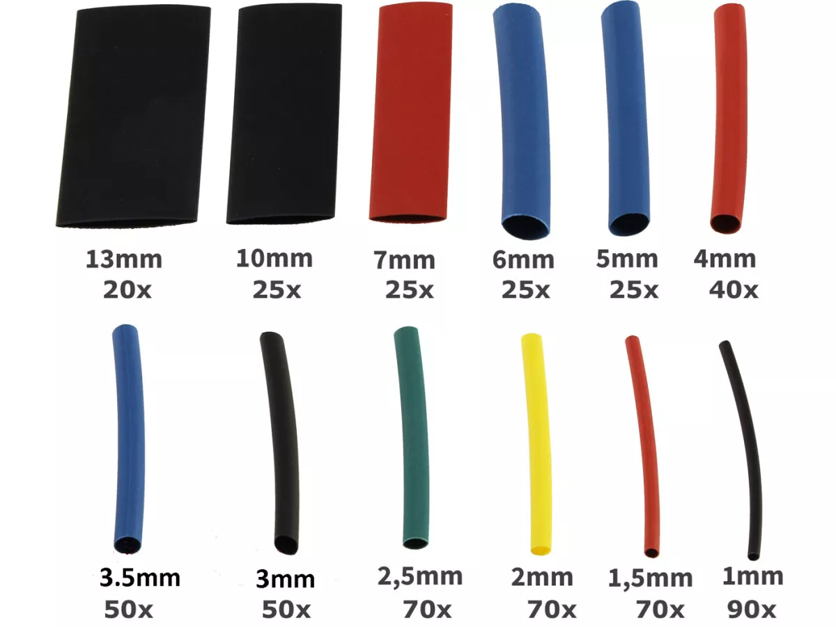 Shrink sleeve set -CHILITEC 560 pcs- multi coloured - Ø=13mm 20x, 10mm 24x ,7mm 24x, 6mm 26x, 5mm 26x, 4mm 40x, 3,5mm 50x, 3mm 50x, 2,5mm 50x, 2mm 70x, 1,5mm 70x, 1mm 90x