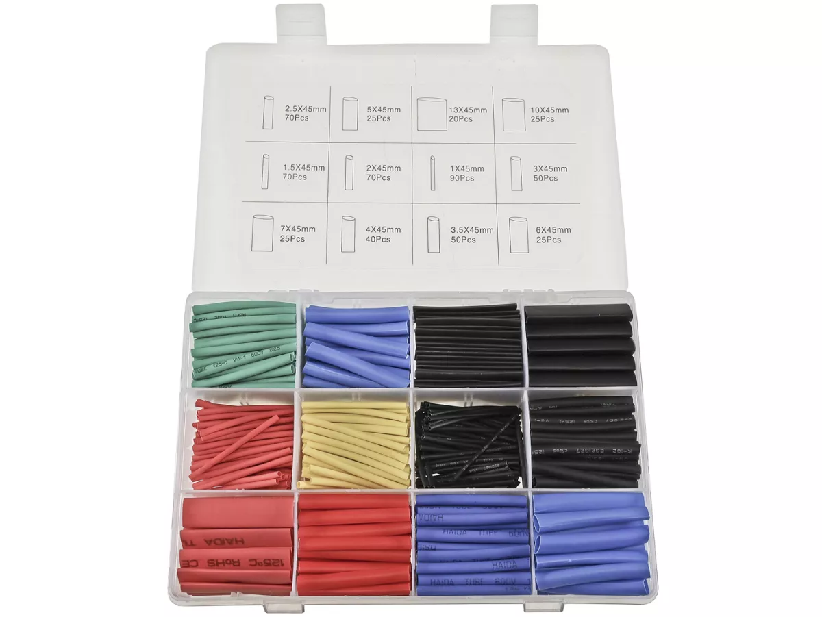 Shrink sleeve set -CHILITEC 560 pcs- multi coloured - Ø=13mm 20x, 10mm 24x ,7mm 24x, 6mm 26x, 5mm 26x, 4mm 40x, 3,5mm 50x, 3mm 50x, 2,5mm 50x, 2mm 70x, 1,5mm 70x, 1mm 90x
