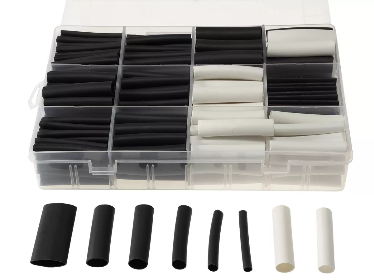 Set di tubi termorestringenti -CHILITEC 300 pezzi- Nero-Bianco - Nero: Ø=10x 12,5mm, 10x 9,5mm, 17x 8mm, 17x 6,5mm, 50x 5mm, 80x 3mm, 65x 2,5mm Bianco=Ø 18x 8mm, 33x 6,5mm