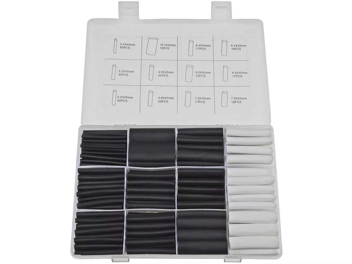 Set di tubi termorestringenti -CHILITEC 300 pezzi- Nero-Bianco - Nero: Ø=10x 12,5mm, 10x 9,5mm, 17x 8mm, 17x 6,5mm, 50x 5mm, 80x 3mm, 65x 2,5mm Bianco=Ø 18x 8mm, 33x 6,5mm