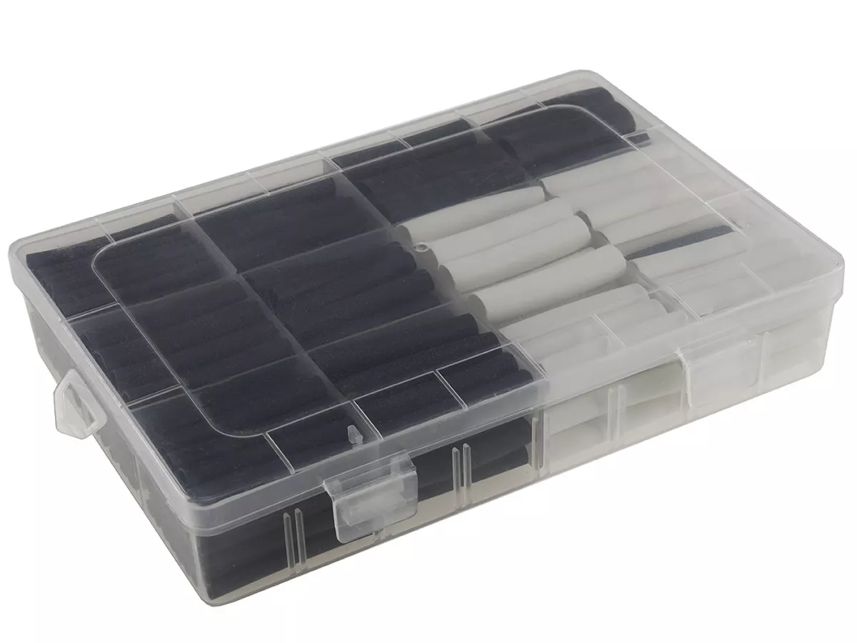 Set di tubi termorestringenti -CHILITEC 300 pezzi- Nero-Bianco - Nero: Ø=10x 12,5mm, 10x 9,5mm, 17x 8mm, 17x 6,5mm, 50x 5mm, 80x 3mm, 65x 2,5mm Bianco=Ø 18x 8mm, 33x 6,5mm