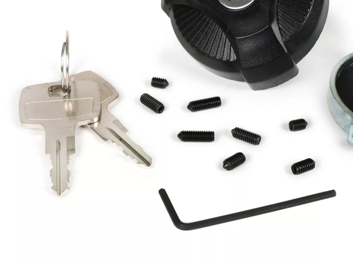 Tutup tangki dapat dikunci -CIF- Piaggio Ciao, SI, Bravo - termasuk adaptor universal yang cocok untuk tabung tangki Ø33-48mm