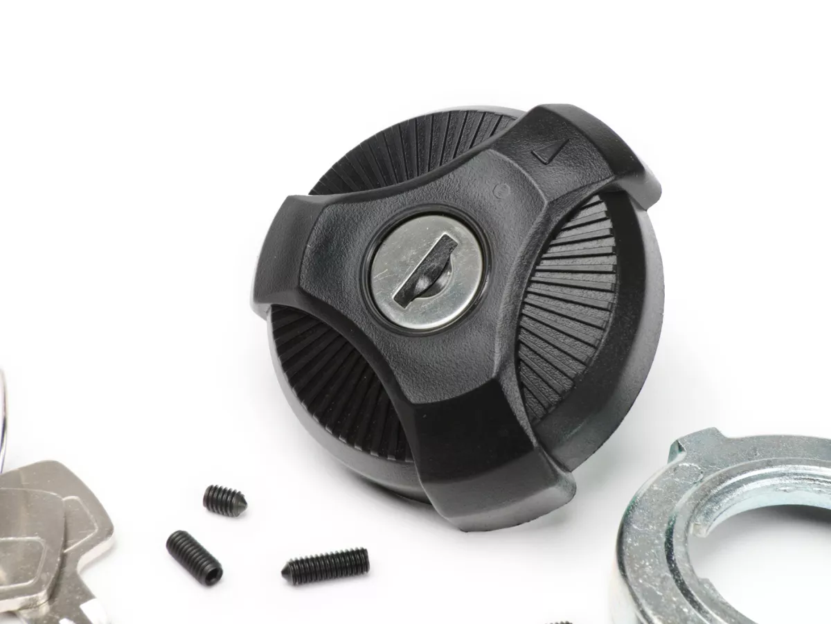 Tutup tangki dapat dikunci -CIF- Piaggio Ciao, SI, Bravo - termasuk adaptor universal yang cocok untuk tabung tangki Ø33-48mm