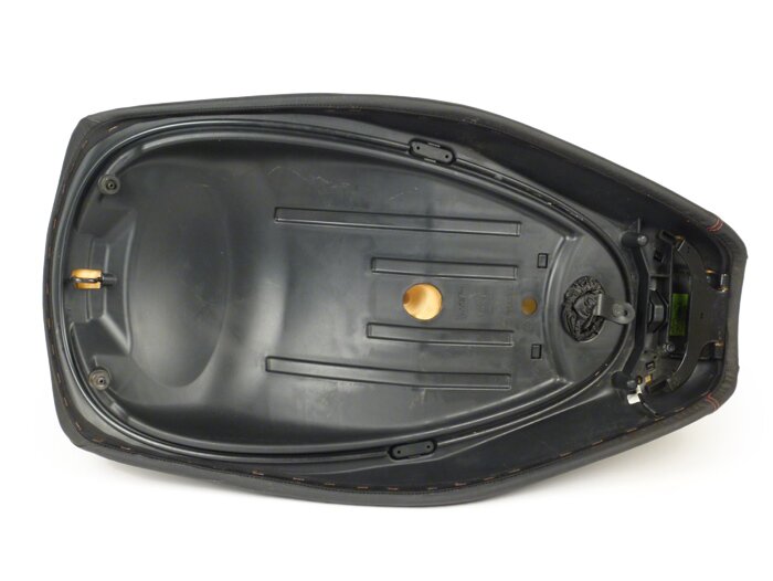 Seat -PIAGGIO- MP3 300/400 (ZAPM64102, ZAPM64200) 2008-2011 - black, orange stitches