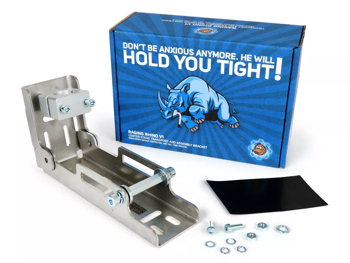 Main Stand Support -CMD Raging Rhino- Transportation Security for Vespa Smallframe V50, PV, ET3, PK - Largeframe PX, T5, Cosa, Rally, Sprint, Super, TS, GT, GTR, SS180, GS160, VNA, VNB, VBA, VBB