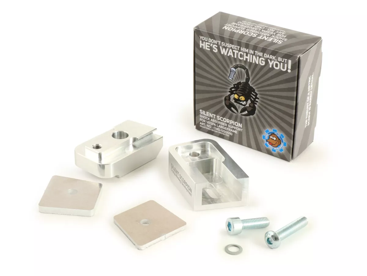 Dudukan peredam kejut bagian atas/rangka -CMD Silent Scorpion- Vespa Largeframe (PX, Sprint, Rally, GT/GTR, TS, Super, VBA, VBB, VNA, VNB) - slide penahan dua bagian (dapat disetel 0-15mm, juga untuk ban lebar) menggantikan spacer