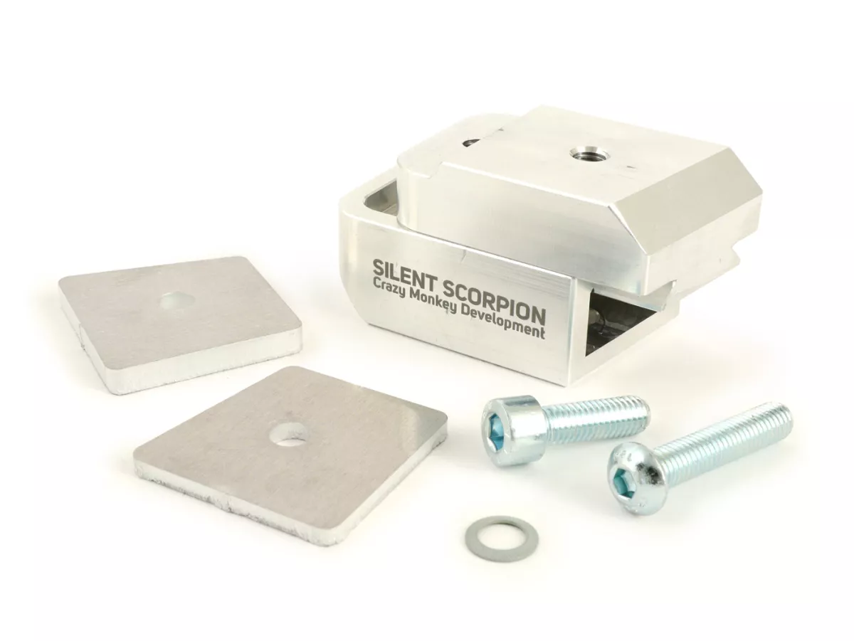 Dudukan peredam kejut bagian atas/rangka -CMD Silent Scorpion- Vespa Largeframe (PX, Sprint, Rally, GT/GTR, TS, Super, VBA, VBB, VNA, VNB) - slide penahan dua bagian (dapat disetel 0-15mm, juga untuk ban lebar) menggantikan spacer