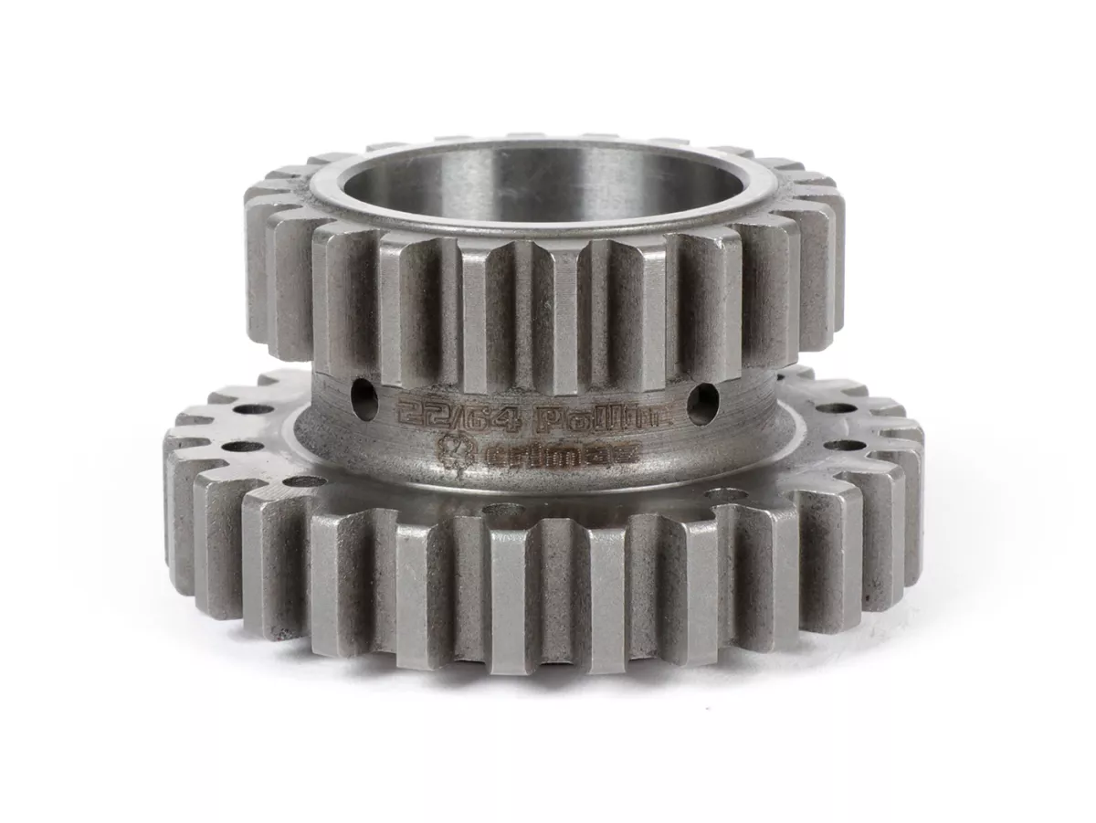 Koppeling rondsel voor koppeling Kingshaft/Crimaz CMX -CRIMAZ versterkt/strak getand- Vespa Largeframe PX, Rally, Sprint, Cosa, T5, LML 2T - 22T voor primaire Polini/Malossi 64T