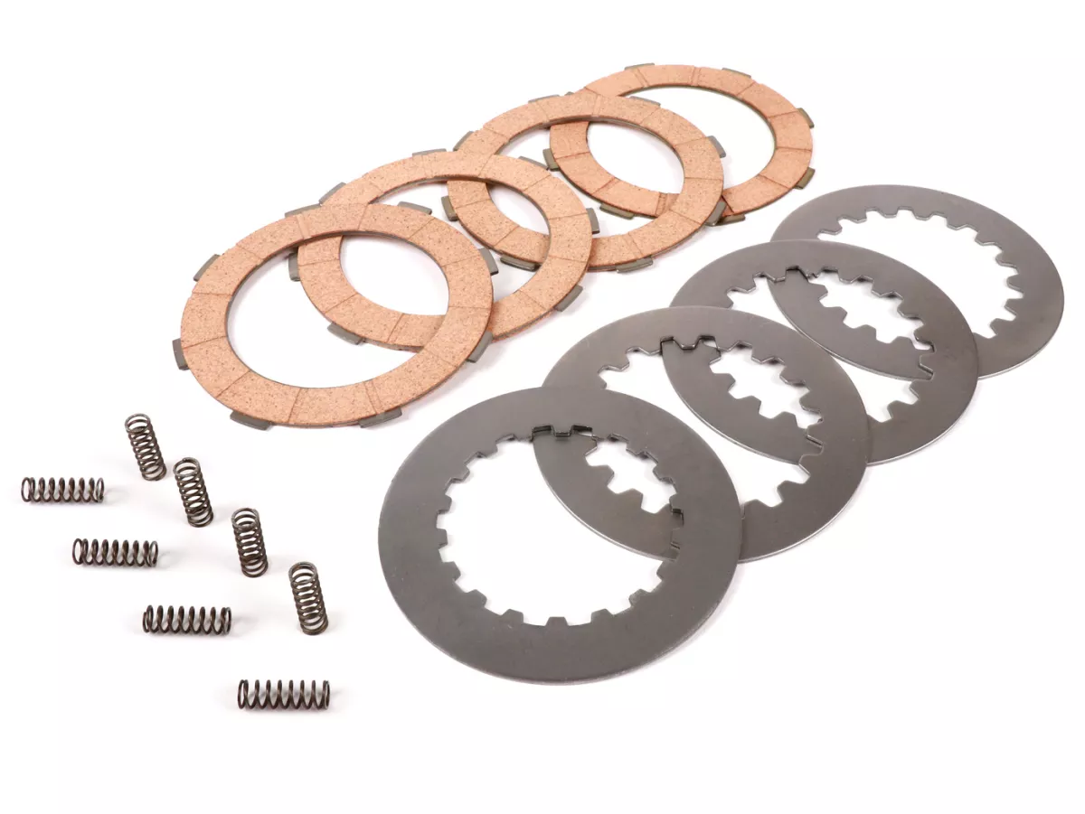 Clutch friction plate set incl. steel plates incl. 8 springs -FERODO 'Standard' Vespa Cosa2- suitable for standard clutch basket of Vespa Cosa2/FL (1992-), PX (1995-), Superstrong, Scooter & Service, MMW, Ultrastrong - 4 plates