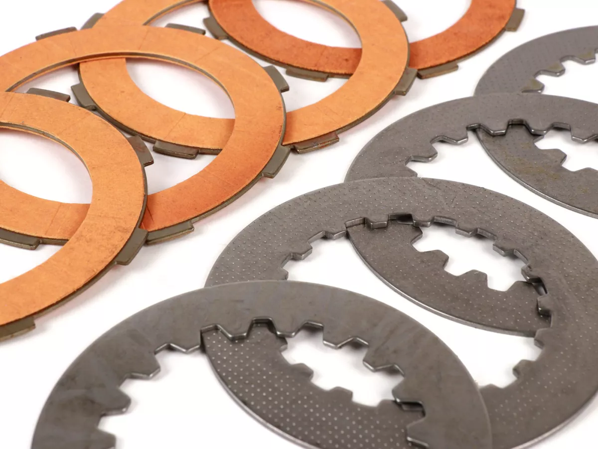 Clutch friction plate set incl. steel plates -FERODO 'Race 'High Performance Carbon' Vespa Cosa2- suitable for standard clutch basket of Vespa Cosa2/FL (1992-), PX (1995-), Superstrong, Scooter & Service, MMW, Ultrastrong - 4 plates
