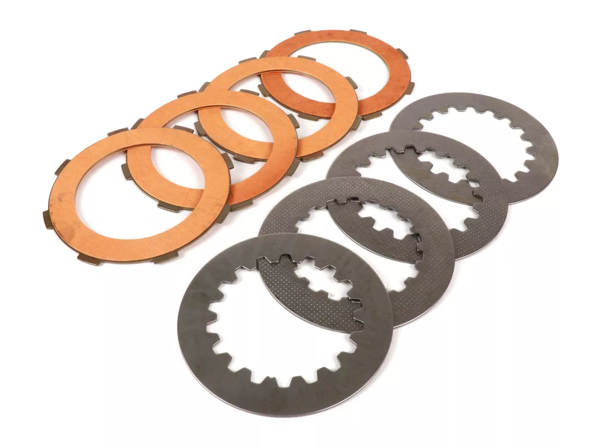 Clutch friction plate set incl. steel plates -FERODO 'Race 'High Performance Carbon' Vespa Cosa2- suitable for standard clutch basket of Vespa Cosa2/FL (1992-), PX (1995-), Superstrong, Scooter & Service, MMW, Ultrastrong - 4 plates