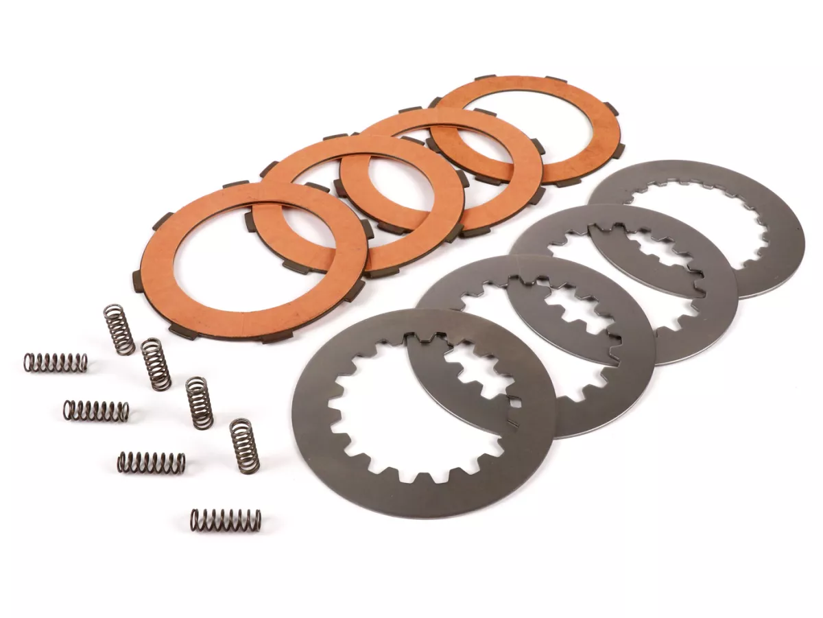 Clutch friction plate set incl. steel plates incl. 8 springs -FERODO 'Race 'High Performance Carbon' Vespa Cosa2- suitable for standard clutch basket of Vespa Cosa2/FL (1992-), PX (1995-), Superstrong, Scooter & Service, MMW, Ultrastrong - 4 plates
