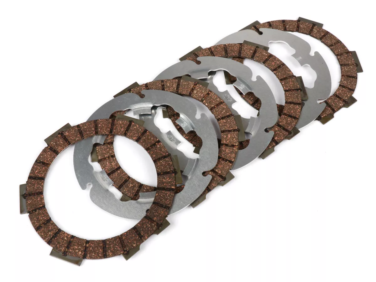 Kit disques d’embrayage garnis, disques lisses incl. -FABBRI RACING FB 36, FB 24 EVO (plaquettes en liège + disques en duralumin)- Vespa Smallframe V50, V90, SS50, SS90, PV125, ET3, PK50, PK80, PK50 S, PK80 S, PK125 S, PK50 XL, PK125 XL, ETS, PK50 HP, PK5