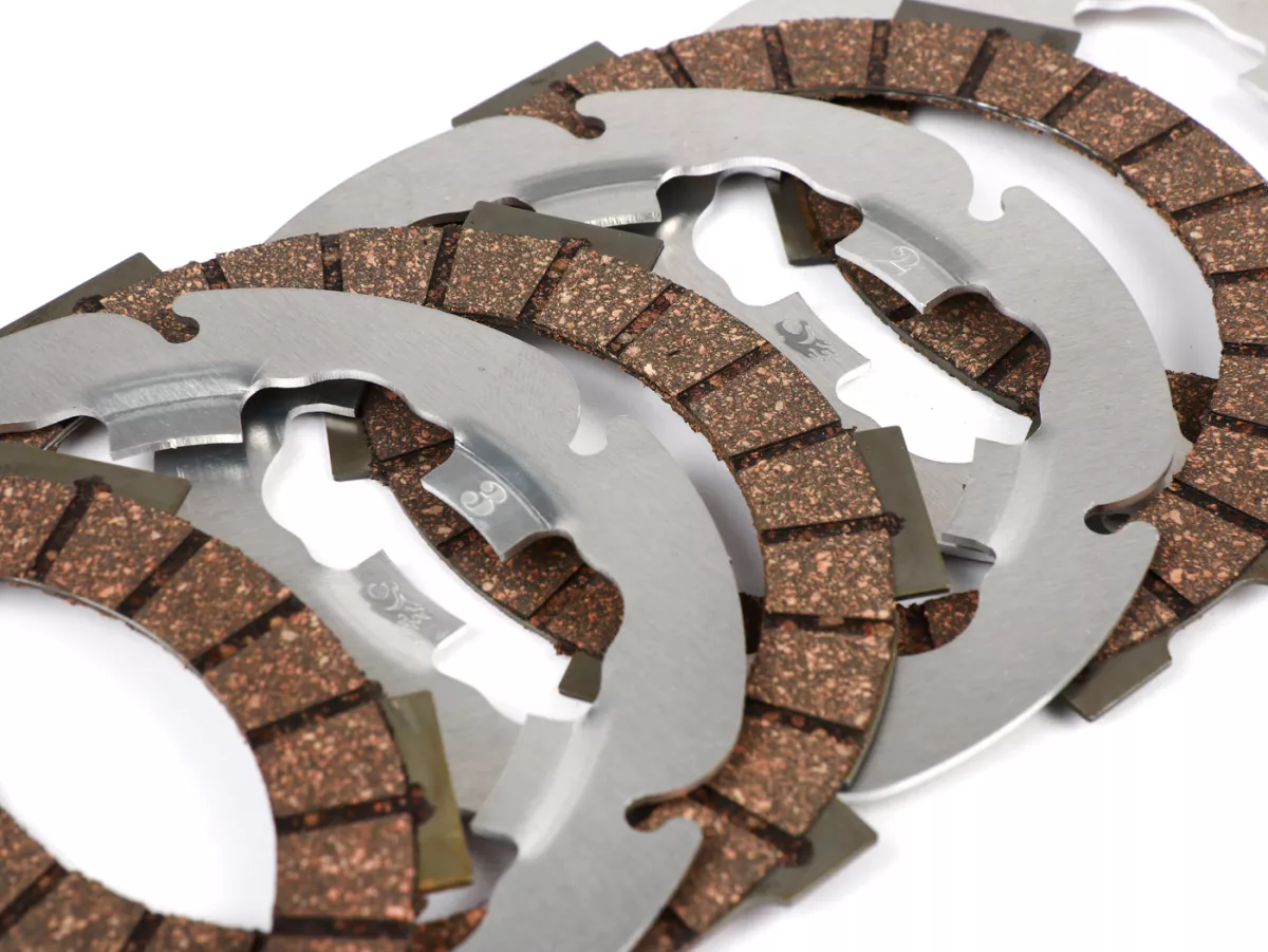 Kit disques d’embrayage garnis, disques lisses incl. -FABBRI RACING FB 36, FB 24 EVO (plaquettes en liège + disques en duralumin)- Vespa Smallframe V50, V90, SS50, SS90, PV125, ET3, PK50, PK80, PK50 S, PK80 S, PK125 S, PK50 XL, PK125 XL, ETS, PK50 HP, PK5
