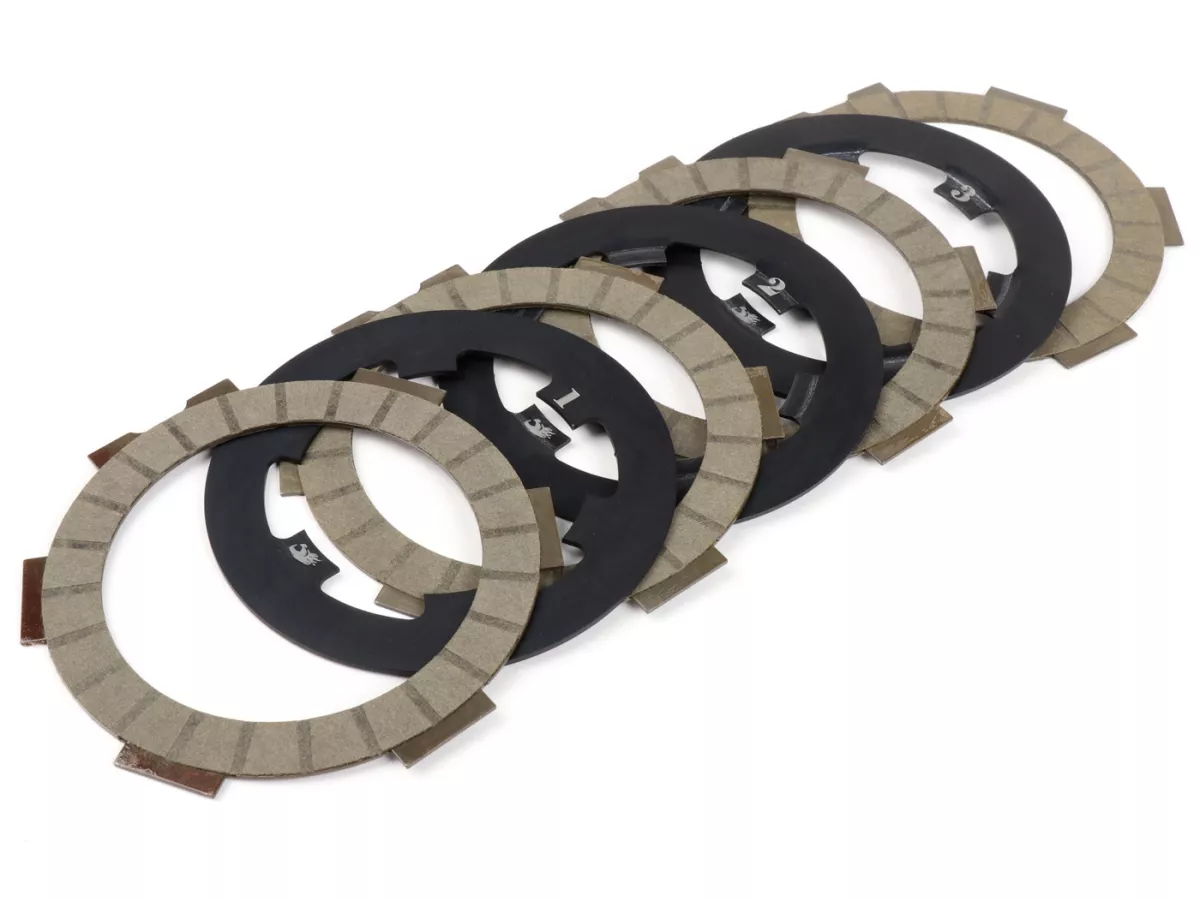 Kit disques d’embrayage garnis, disques lisses incl. -FABBRI RACING Circuit (plaquettes carbone + disques acier)- Vespa Smallframe V50, V90, SS50, SS90, PV125, ET3, PK50, PK80, PK50 S, PK80 S, PK125 S, PK50 XL, PK125 XL, ETS, PK50 HP, PK50 SS - 4 disques