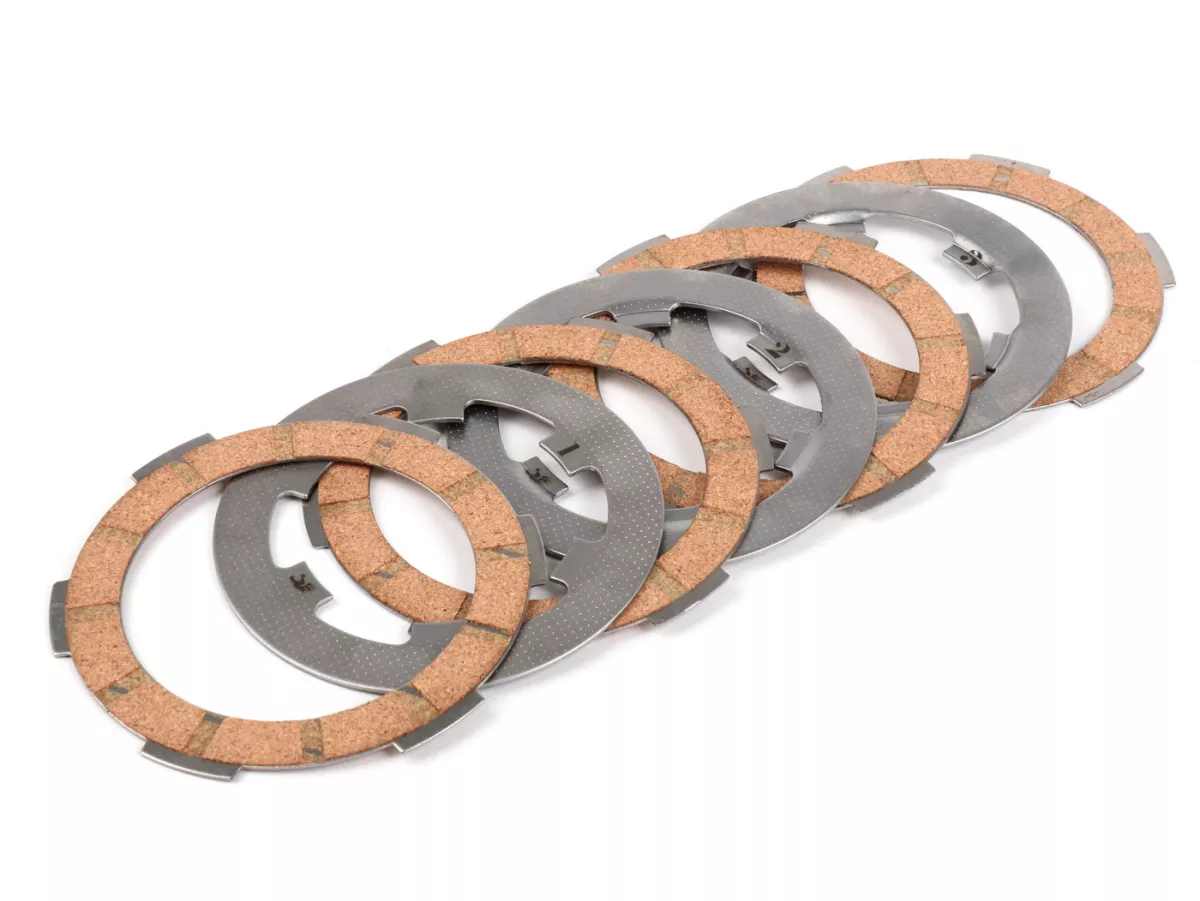 Clutch friction plate set incl. steel plates -FABBRI RACING FB24 (cork pads + steel discs)- Vespa Smallframe V50, V90, SS50, SS90, PV125, ET3, PK50, PK80, PK50 S, PK80 S, PK125 S, PK50 XL, PK125 XL, ETS, PK50 HP, PK50 SS  - 4 friction plates