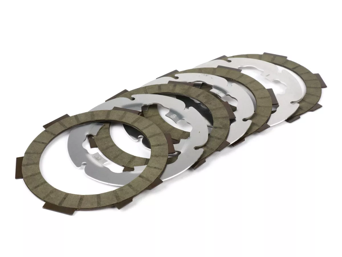 Juego de forros de embrague incl. discos -FABBRI RACING FB45 (forros de carbono + discos de duraluminio)- Vespa Smallframe V50, V90, SS50, SS90, PV125, ET3, PK50, PK80, PK50 S, PK80 S, PK125 S, PK50 XL, PK125 XL, ETS, PK50 HP, PK50 SS - 4 discos