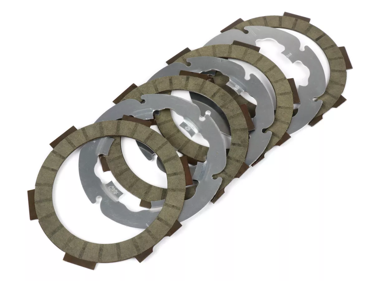Juego de forros de embrague incl. discos -FABBRI RACING FB45 (forros de carbono + discos de duraluminio)- Vespa Smallframe V50, V90, SS50, SS90, PV125, ET3, PK50, PK80, PK50 S, PK80 S, PK125 S, PK50 XL, PK125 XL, ETS, PK50 HP, PK50 SS - 4 discos