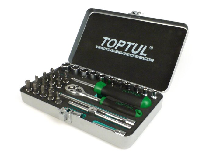 Dopsleutelset (ratelbox) -TOPTUL 1/4- 4mm-14mm + bits - 31 stuks