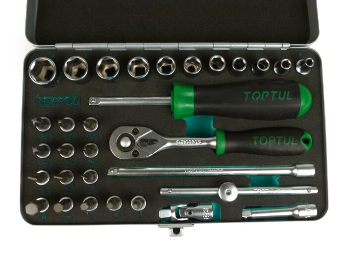 Dopsleutelset (ratelbox) -TOPTUL 1/4- 4mm-14mm + bits - 31 stuks