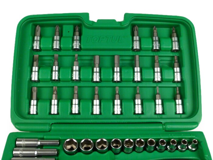 Dopsleutelset (ratelbox) -TOPTUL 1/4- 4mm-13mm + bits - 46 stuks