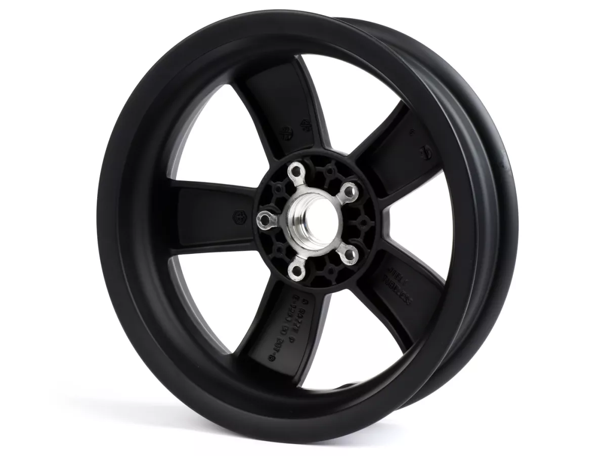 Fälg -PIAGGIO GTS125/300 Super Sport, HPE, Supertech, Notte - svart matt, (3.00x12) - 5 ekrar - passar Vespa GTS, HPE 125/300cc - bak (2017-, ABS-tonhjul fastskruvat på fälg)