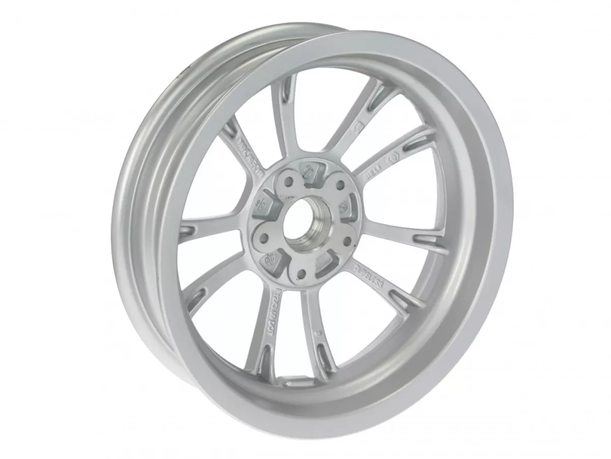 Voorvelg, zilver -PIAGGIO 3.00-12 inch - 10 spaken- Vespa Primavera 125 (ZAPMA1100, ZAPMA1101, ZAPMD1100), Vespa Primavera 150 (ZAPMA1200, ZAPMA1201, ZAPMD120), Vespa Primavera 50 (ZAPCA0100, ZAPCA0102, ZAPCA0200, ZAPCA0202, ZAPCD010, ZAPCD020)
