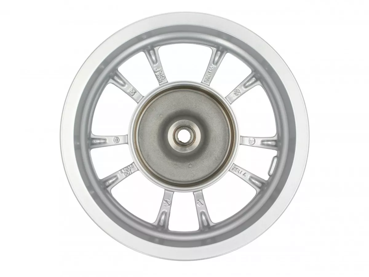 Pelek belakang, perak -PIAGGIO 3.00-12 inci, Ø tromol rem = 140mm - 10 jari-jari - Vespa Primavera 125 (ZAPMA1100, ZAPMA1101, ZAPMD1100), Vespa Primavera 150 (ZAPMA1200, ZAPMA1201, ZAPMD120)