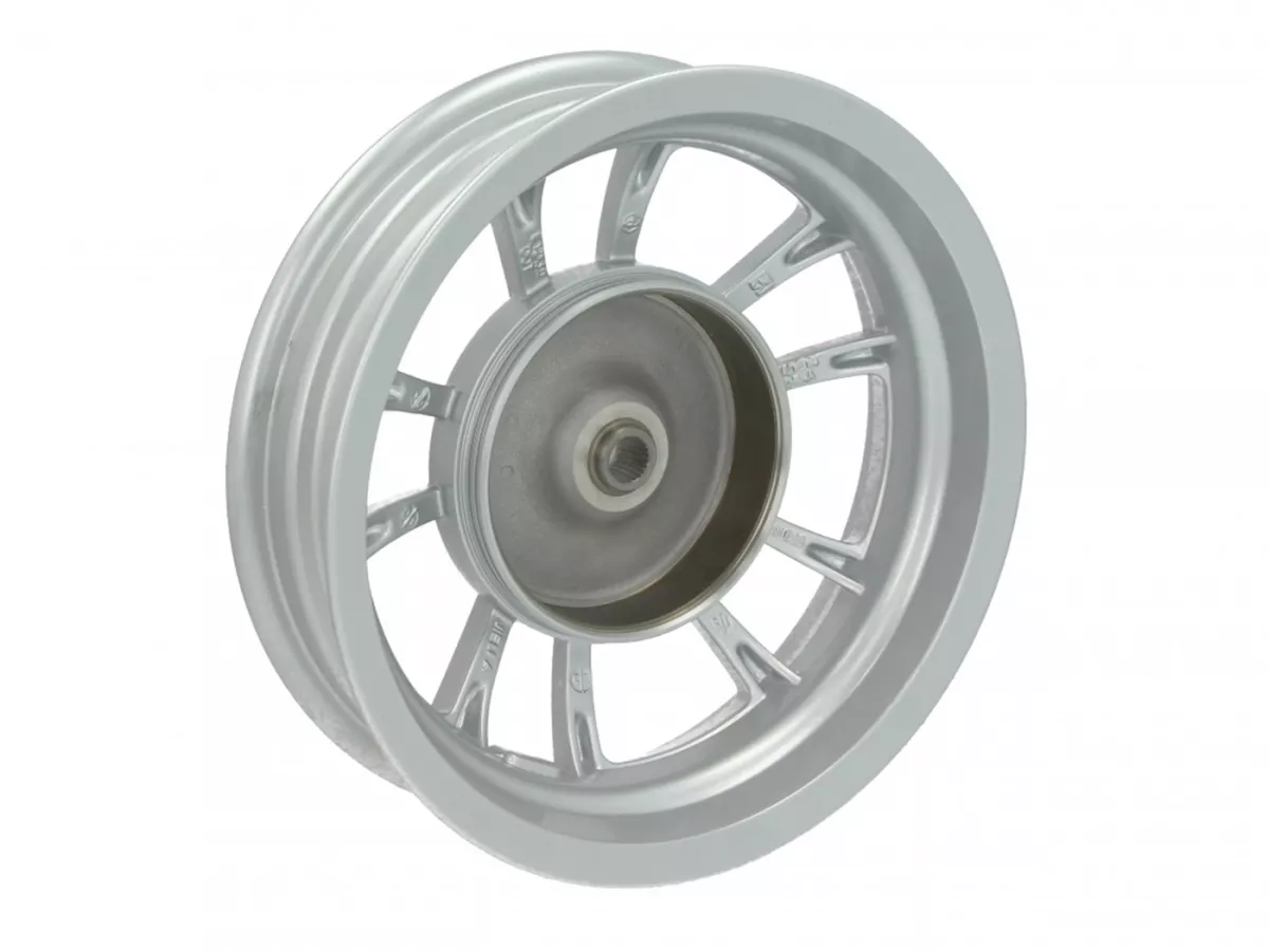 Pelek belakang, perak -PIAGGIO 3.00-12 inci, Ø tromol rem = 140mm - 10 jari-jari - Vespa Primavera 125 (ZAPMA1100, ZAPMA1101, ZAPMD1100), Vespa Primavera 150 (ZAPMA1200, ZAPMA1201, ZAPMD120)