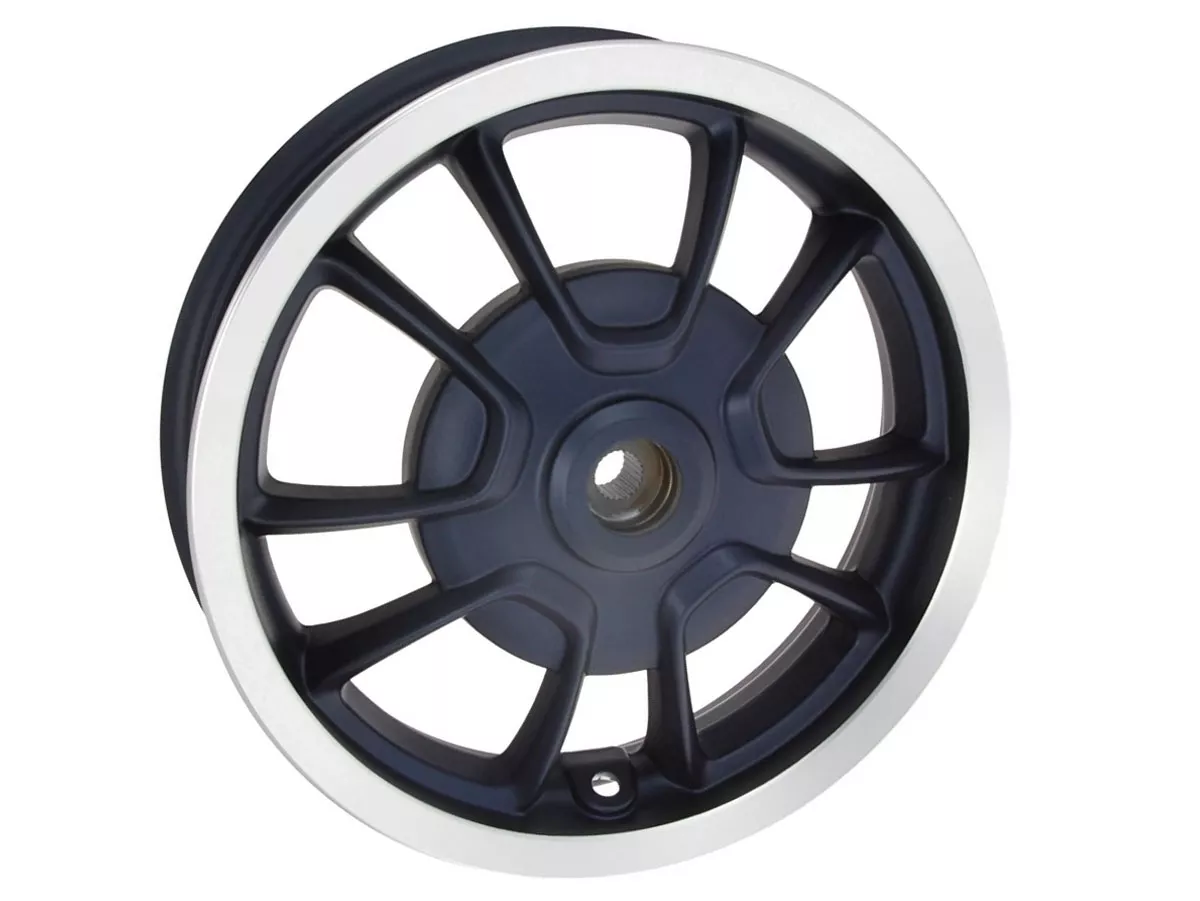 Achtervelg, blauw zilver velg -PIAGGIO 3.00-12 inch, Ø remtrommel = 140mm - 10 spaken- Vespa Primavera 125 (ZAPMA1100, ZAPMA1101, ZAPMD1100), Vespa Primavera 150 (ZAPMA1200, ZAPMA1201, ZAPMD120)