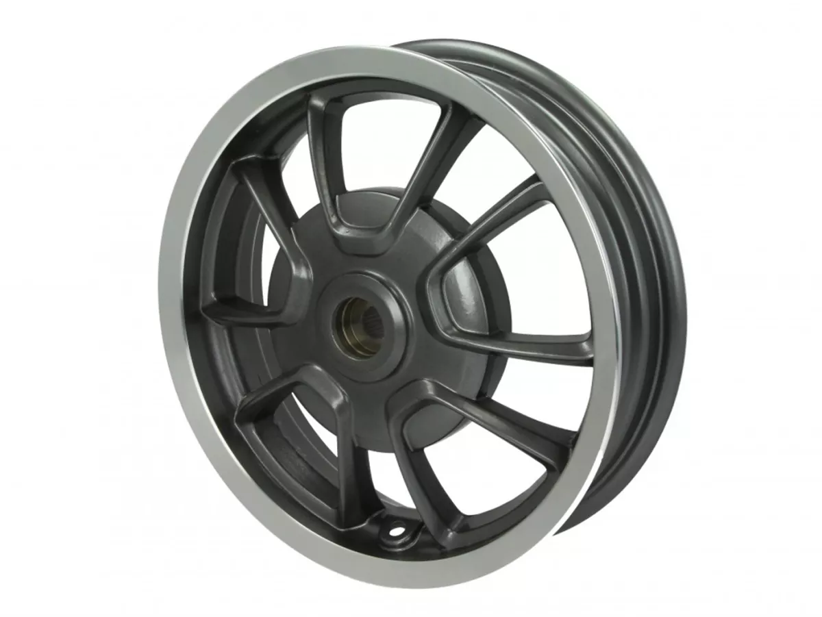 Wheel rim, rear, anthracite silver edge -PIAGGIO 3.00-12 inch, Ø brake drum = 110mm - 10 spokes-  Vespa Primavera 50 (ZAPCA0100, ZAPCA0102, ZAPCA0200, ZAPCA0202, ZAPCD010, ZAPCD020)