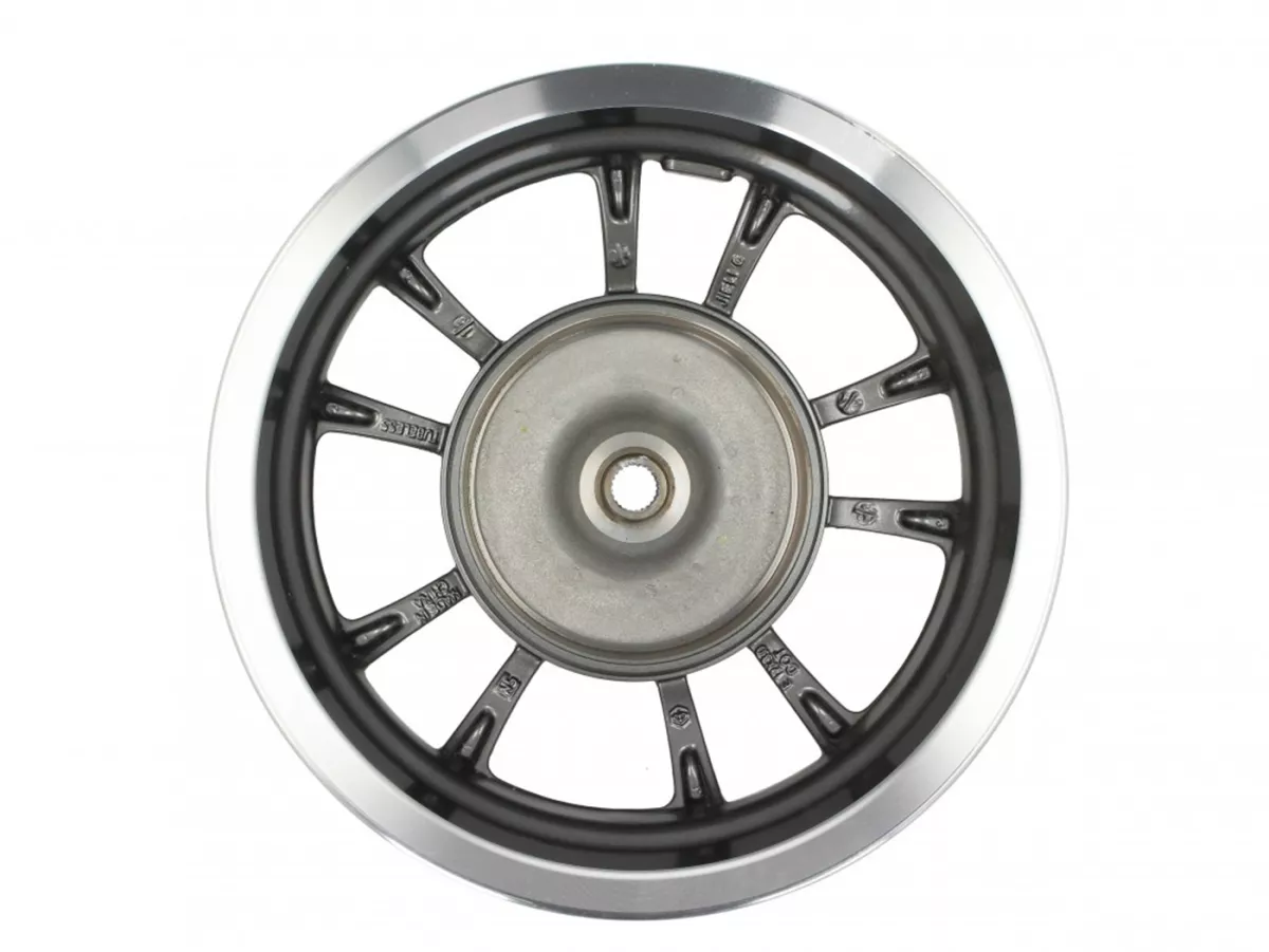 Wheel rim, rear, anthracite silver edge -PIAGGIO 3.00-12 inch, Ø brake drum = 110mm - 10 spokes-  Vespa Primavera 50 (ZAPCA0100, ZAPCA0102, ZAPCA0200, ZAPCA0202, ZAPCD010, ZAPCD020)