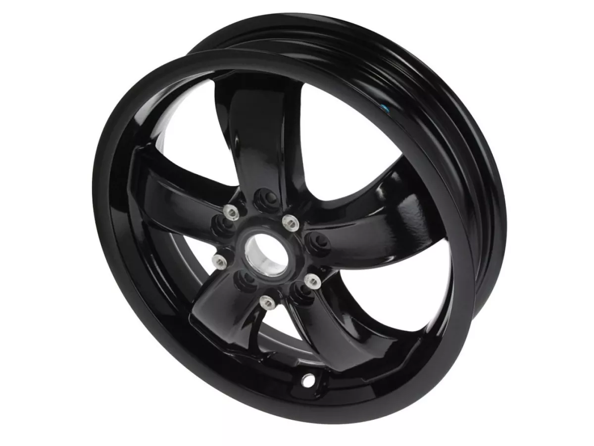 Velg -PIAGGIO, GTS V2021- GTS125/300 Super Sport, HPE, Supertech, Notte - zwart glanzend, (3.00x12) - 5 spaken - past op Vespa GTS, HPE 125/300cc - achter (2017-, ABS-tint wiel vastgeschroefd op velg)
