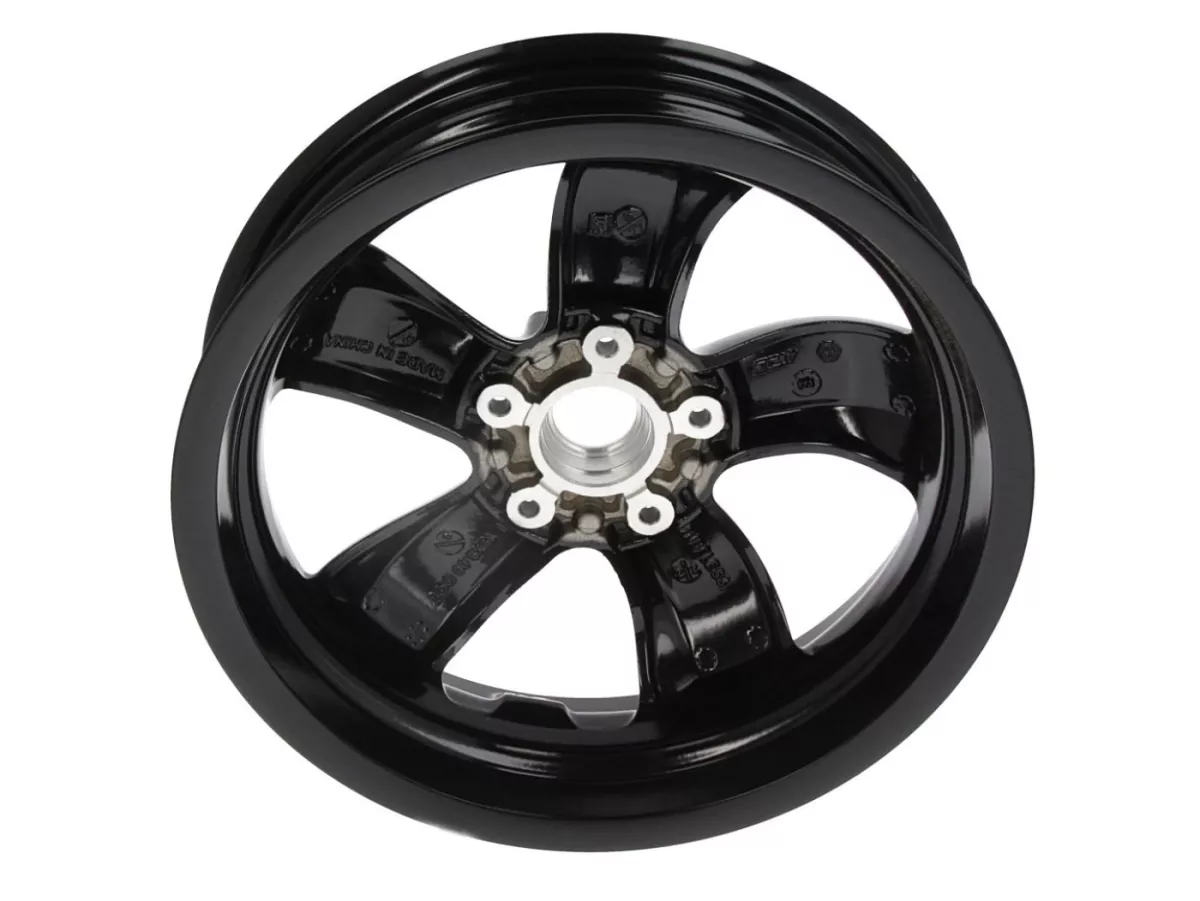 Velg -PIAGGIO, GTS V2021- GTS125/300 Super Sport, HPE, Supertech, Notte - zwart glanzend, (3.00x12) - 5 spaken - past op Vespa GTS, HPE 125/300cc - achter (2017-, ABS-tint wiel vastgeschroefd op velg)