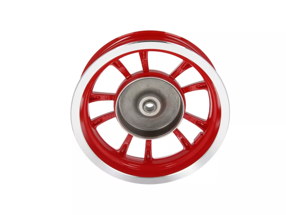 Achtervelg, rood zilver velg -PIAGGIO 3.00-12 inch, Ø remtrommel = 140mm - 10 spaken- Vespa Primavera 125 (ZAPMA1100, ZAPMA1101, ZAPMD1100), Vespa Primavera 150 (ZAPMA1200, ZAPMA1201, ZAPMD120)