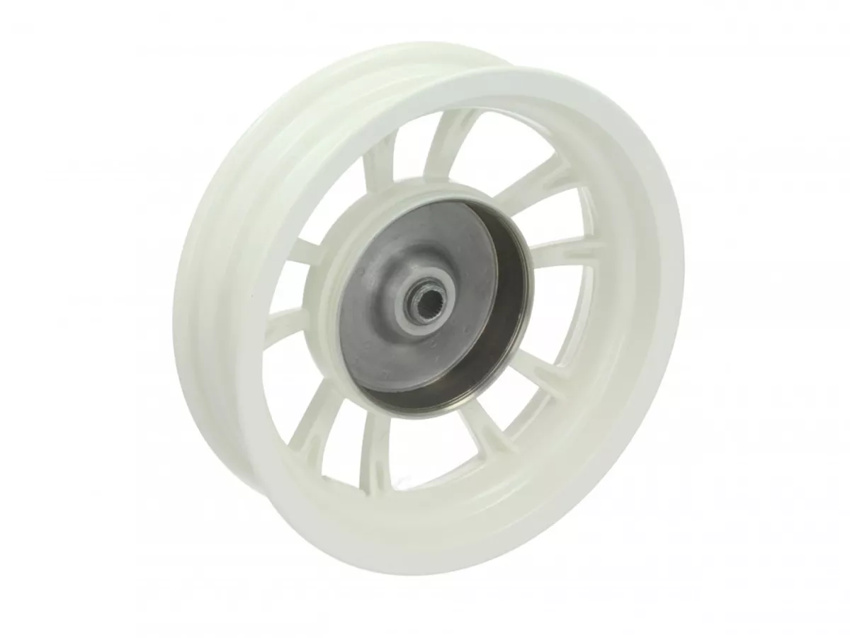 Bakfälg, vit -PIAGGIO 3.00-12 tum, Ø bromstrumma = 140 mm - 10 ekrar- Vespa Primavera 125 (ZAPMA1100, ZAPMA1101, ZAPMD1100), Vespa Primavera 150 (ZAPMA1200, ZAPMA1201, ZAPMD120)