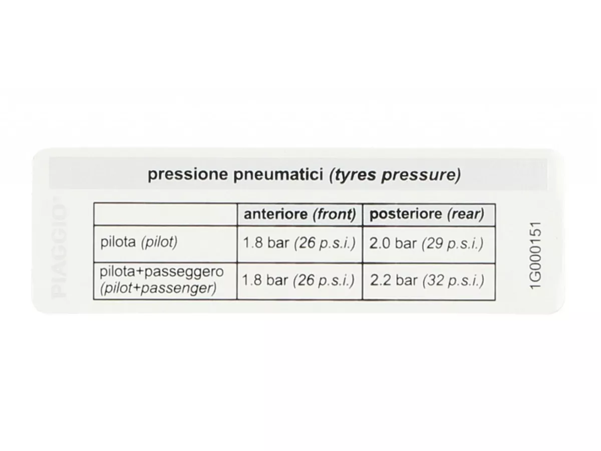 Huruf -PIAGGIO- Tekanan ban - Vespa Primavera 125 (ZAPMA1100, ZAPMA1101, ZAPMD1100), Vespa Primavera 150 (ZAPMD120), Vespa Primavera 50 (ZAPCA0100, ZAPCA0102, ZAPCA0200, ZAPCA0202, ZAPCD020, ZAPCD010), Vespa Sprint 125 (ZAPMA1300, ZAPMA1301, ZAPMD1), Vesp