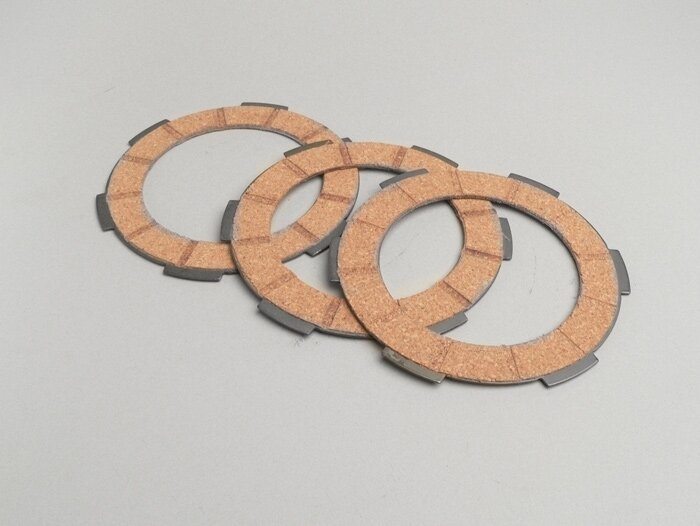 Clutch friction plate set -VESPA Smallframe V50, V90, SS50, SS90, PV125, ET3, PK50, PK80, PK50 S, PK80 S, PK125 S, PK50 XL, PK125 XL, ETS, PK50 HP, PK50 SS  - 3 friction plates premium quality