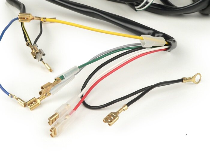 Wiring harness -GRABOR- Vespa PX Lusso (Italia), dengan indikator, tanpa penyearah klakson, tanpa baterai, klakson AC (bel), pelat dasar pengapian dengan 5 kabel