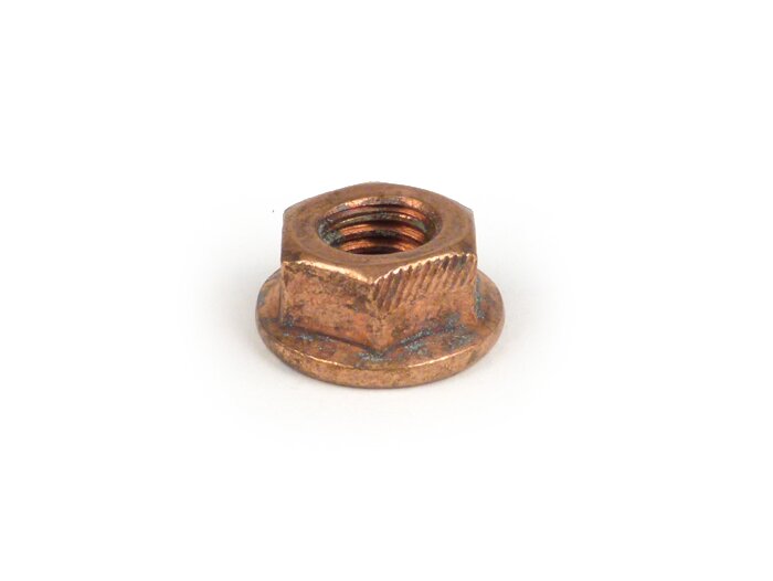Nut with flange  -similar to DIN 6923- M8 (secure nut) - copper (used for downpipe Vespa PX 2011)