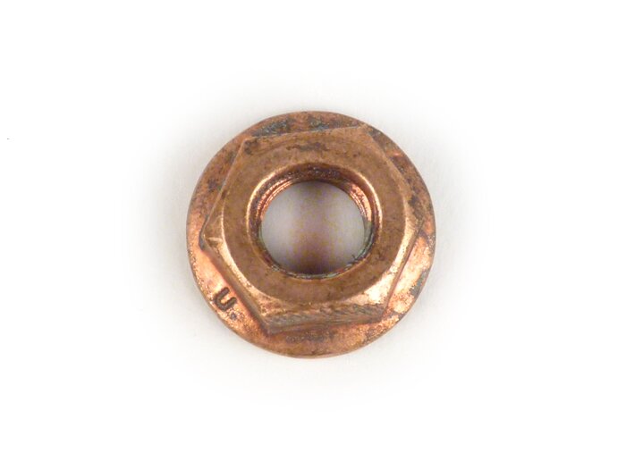 Nut with flange  -similar to DIN 6923- M8 (secure nut) - copper (used for downpipe Vespa PX 2011)