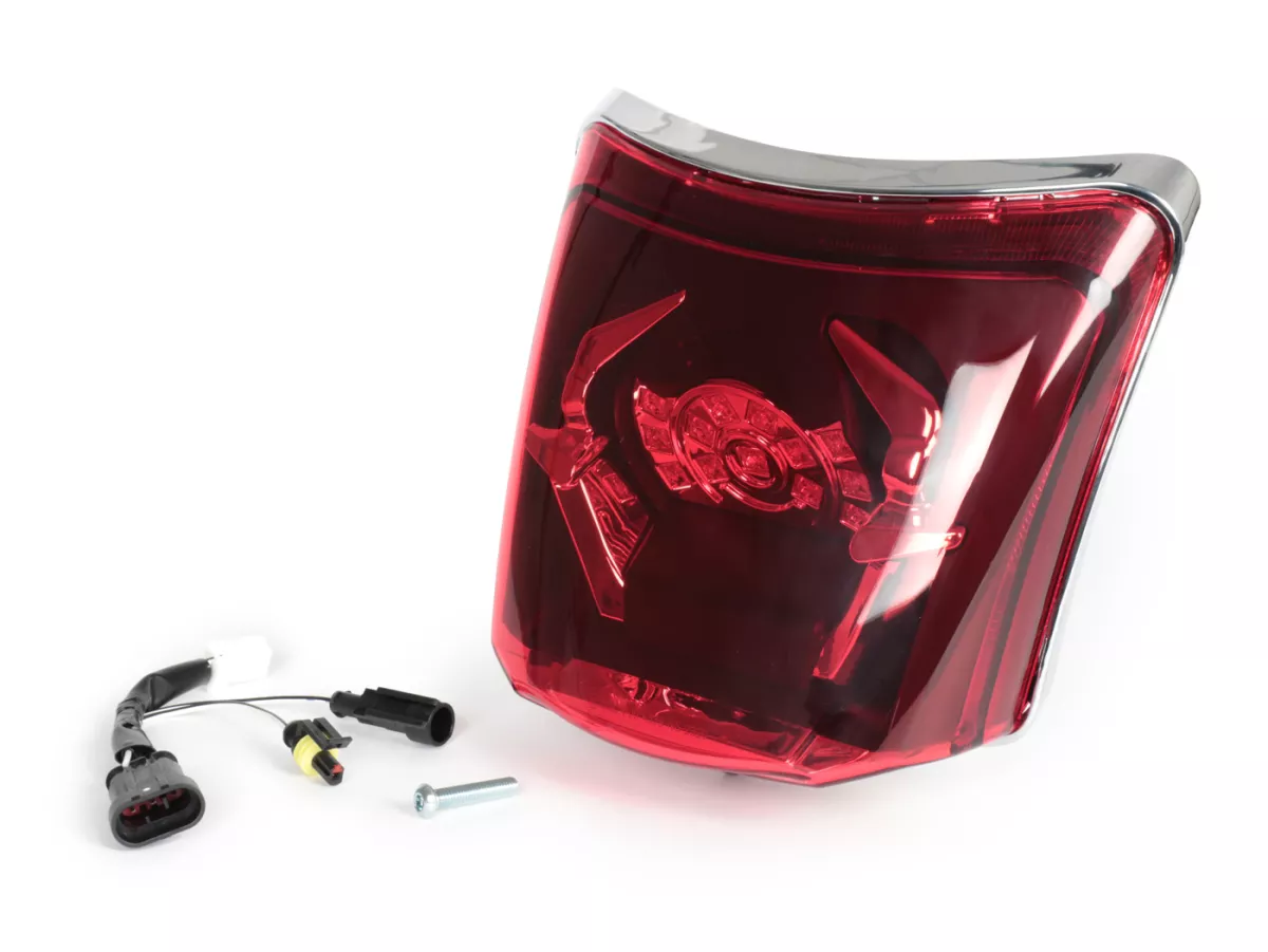 Feu arrière avec support de montage -4 CORSA LED- Vespa GTS (2019-2022) GTS125 iGet, GTS300 HPE, GTS SUPER 125/300 HPE, GTS SUPERSPORT 125/300, GTS SUPERTECH 125/300 HPE - cabochon rouge/ support de montage chromé