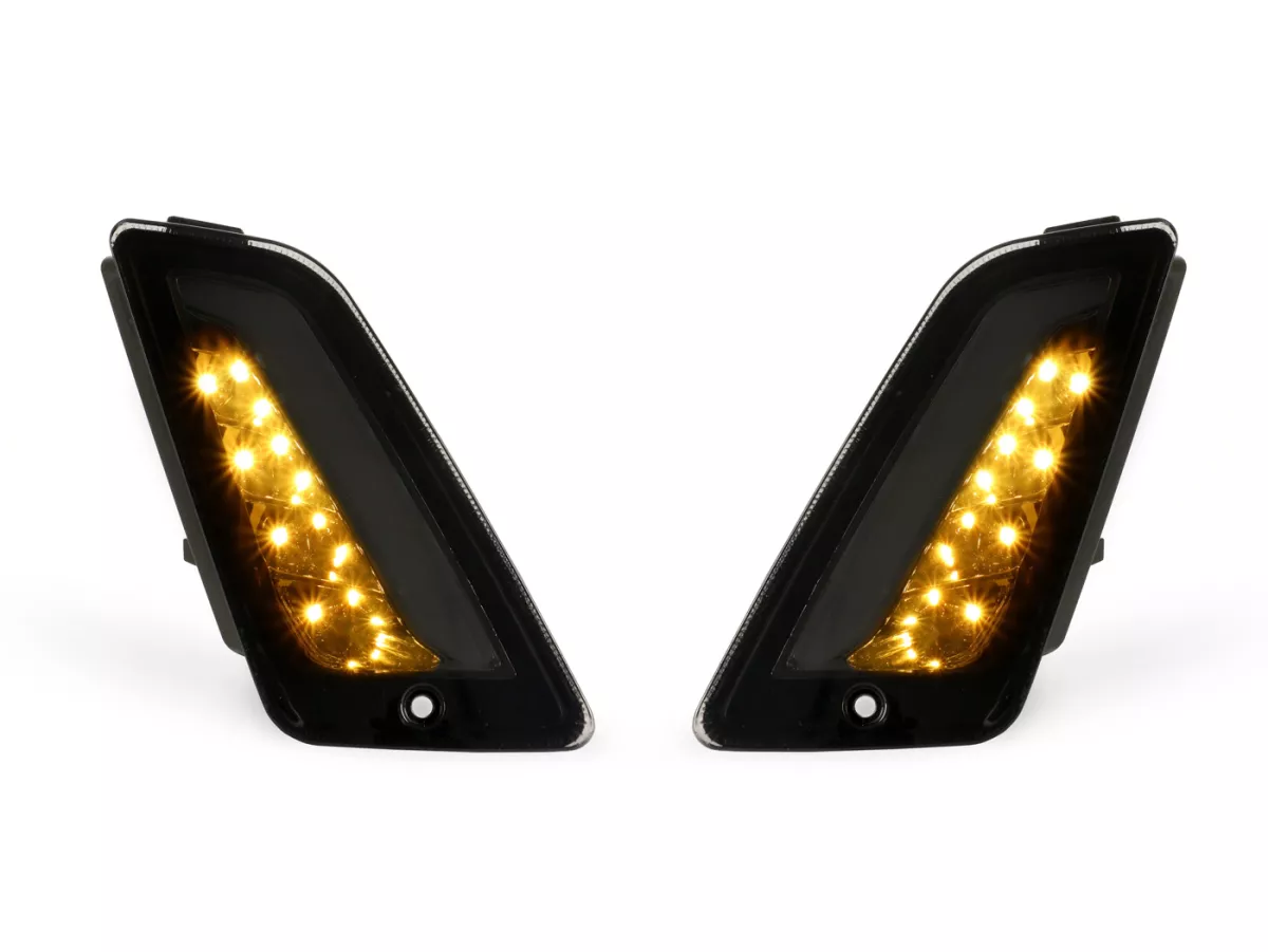 Set indicatori di direzione anteriori -4 CORSA (2014-) LED, luce di marcia diurna (E-mark)- Vespa GT, GTL, GTV, GTS 125-300, HPE, Supertech (2019-2022) - fumè