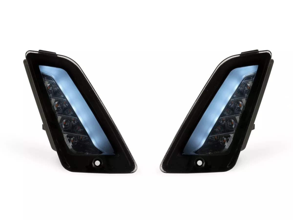 Set indicatori di direzione anteriori -4 CORSA (2014-) LED, luce di marcia diurna (E-mark)- Vespa GT, GTL, GTV, GTS 125-300, HPE, Supertech (2019-2022) - fumè
