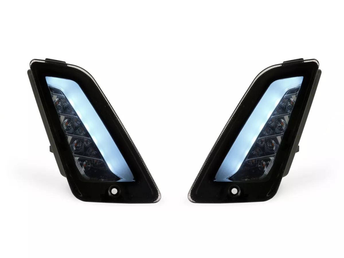 Set indicatori di direzione anteriori -4 CORSA (2014-) LED, luce di marcia diurna (E-mark)- Vespa GT, GTL, GTV, GTS 125-300, HPE, Supertech (2019-2022) - fumè