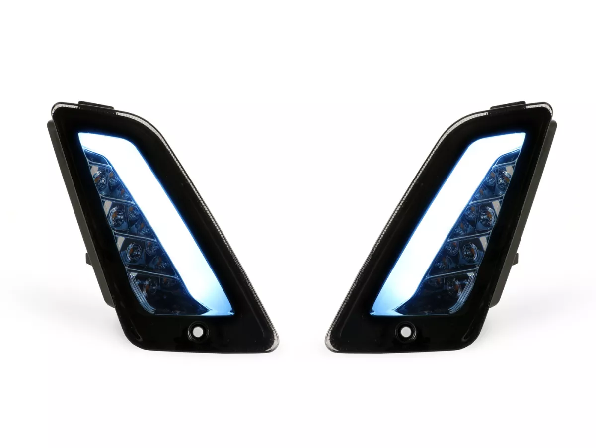 Set indicatori di direzione anteriori -4 CORSA (2014-) LED, luce di marcia diurna (E-mark)- Vespa GT, GTL, GTV, GTS 125-300, HPE, Supertech (2019-2022) - fumè
