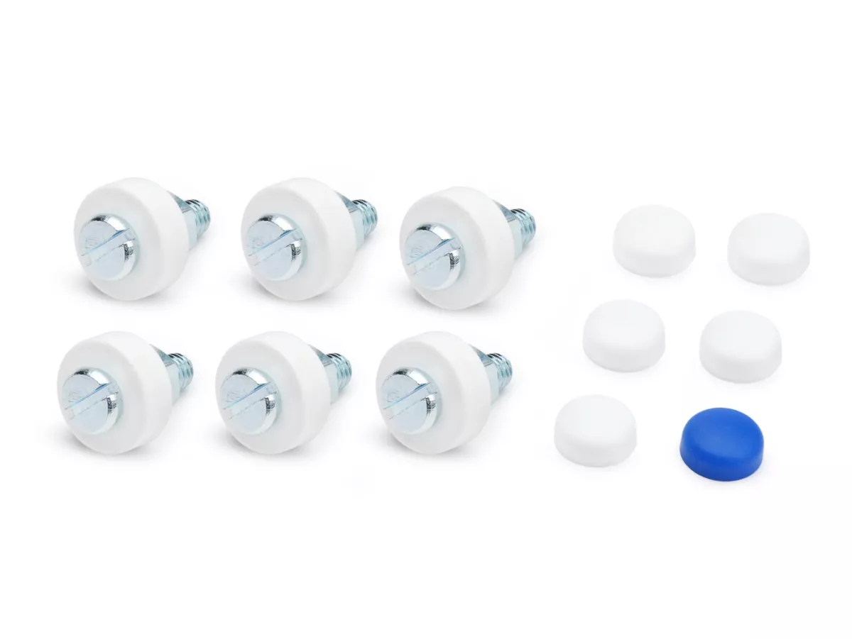 Number plate screw set -HS- M6 x 20 6 pieces, galvanised with caps, 5 x white + 1 x blue
