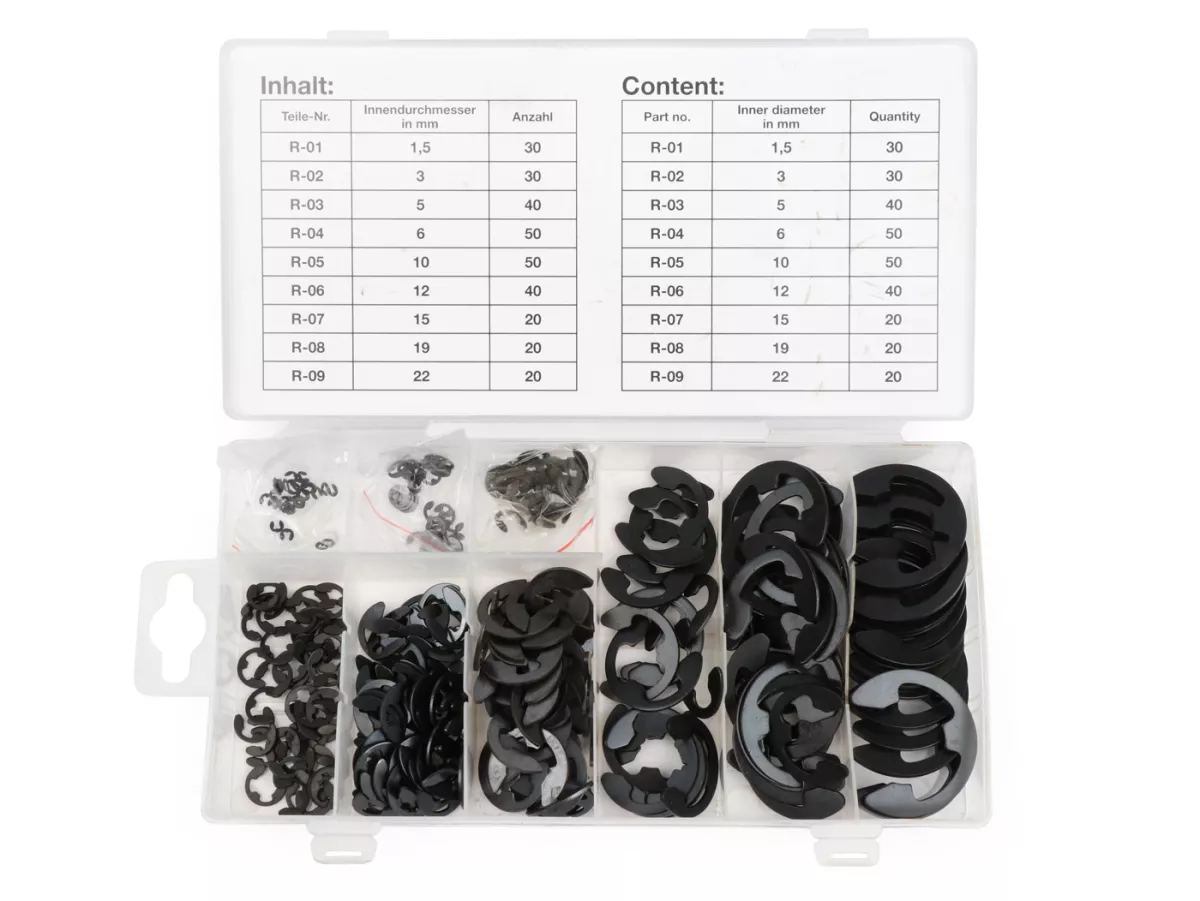 Assortimento di anelli di sicurezza -HS- albero DIN6799, Ø=1,5-22 mm, 300 pz.